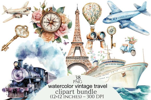 Download Watercolor Vintage Travel Clipart Bundle - Bundle Collection