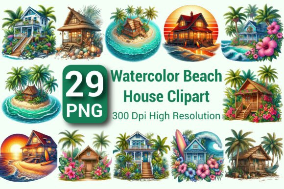 Download Watercolor Beach House Clipart Bundle - Bundle Collection