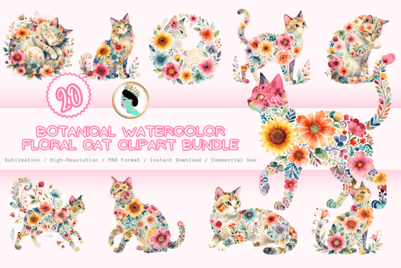 Download Botanical Floral Cat Clipart Bundle PNG - Bundle Collection