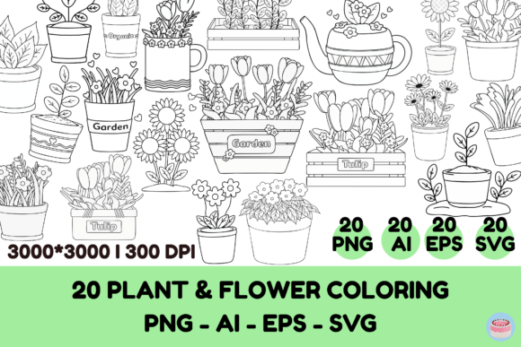 Download 20 Potted Plant &amp; Flower Line Art Bundle - Bundle Collection
