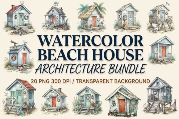 Download Watercolor Beach House Clipart Bundle - Bundle Collection