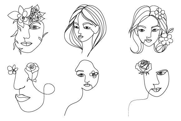 Download Women's Face with Flowers Linear Drawing - Drawing Collection