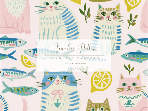 Download Cute Pastel Cat Seamless Pattern with Fish and Lemons - Fish Collection