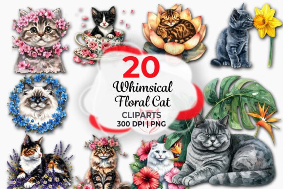 Download Whimsical Floral Cat Clipart Bundle - Bundle Collection
