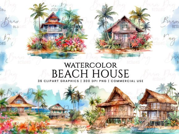 Download Watercolor Beach House Clipart Bundle - Bundle Collection