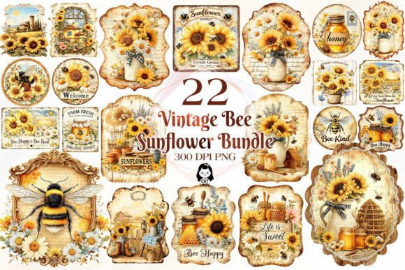 Download Vintage Bee Honey Sunflower Label Bundle - Bundle Collection