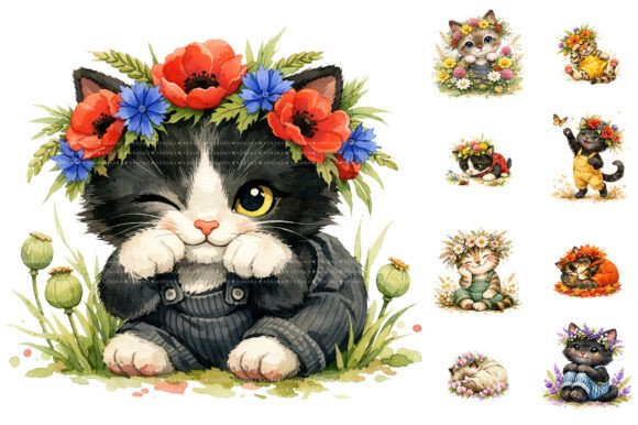 Download Watercolor Floral Kitten Clipart Bundle - Bundle Collection